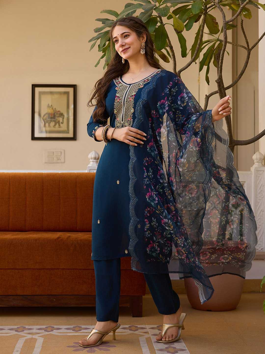 Chanderi Cotton  Embroidery Churidar Suits